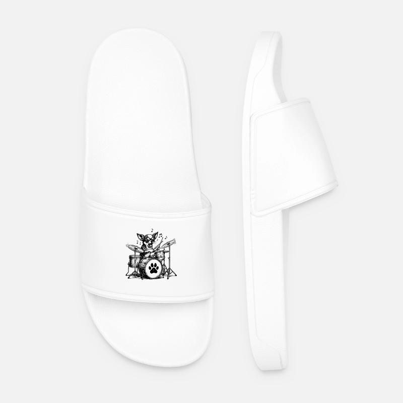 Chihuahua Drummer Illustration Drumming - Men’s Pool Sliders - white