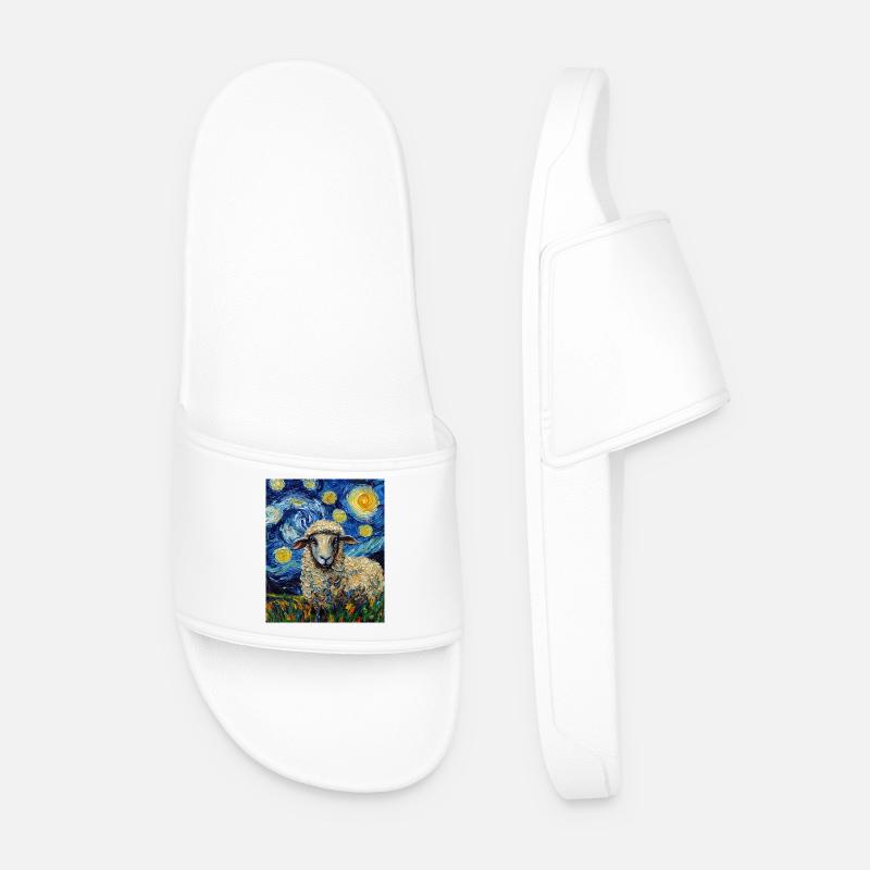 Sheep Van Gogh Style Starry Night - Men’s Pool Sliders - white