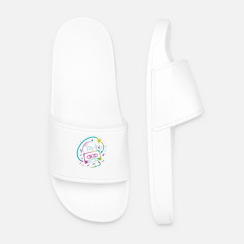 Retro Mixtape Vinyl, Neon Rave Beats - Men’s Pool Sliders - white