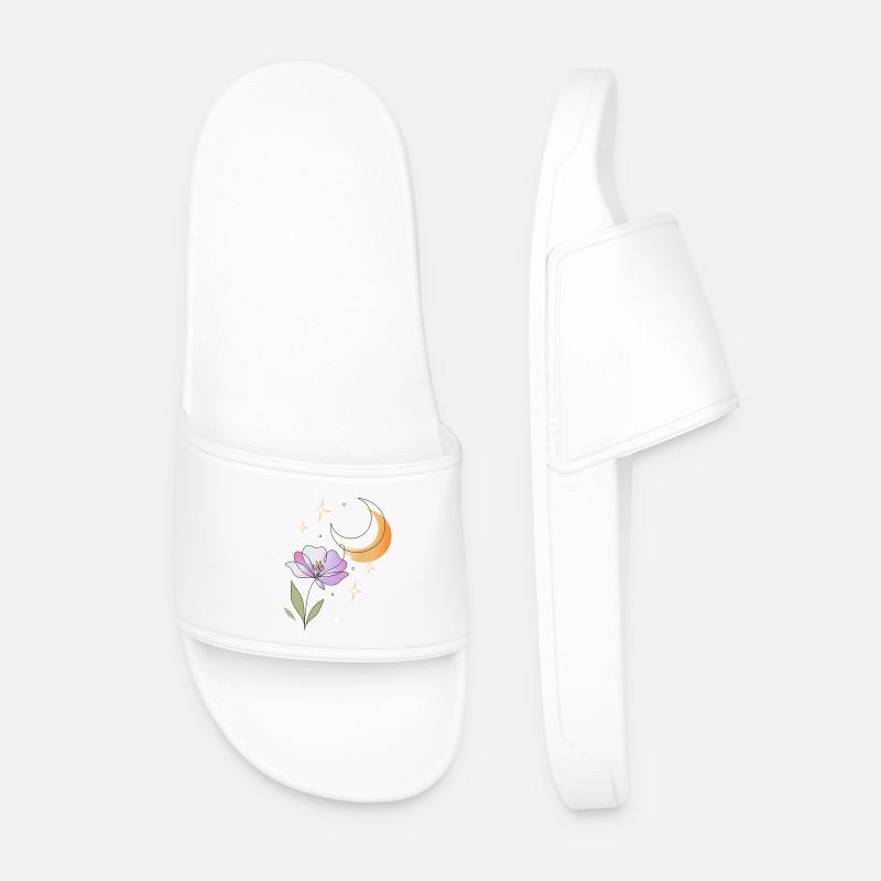 Flower with Moon Line Art Illustration - Men’s Pool Sliders - white