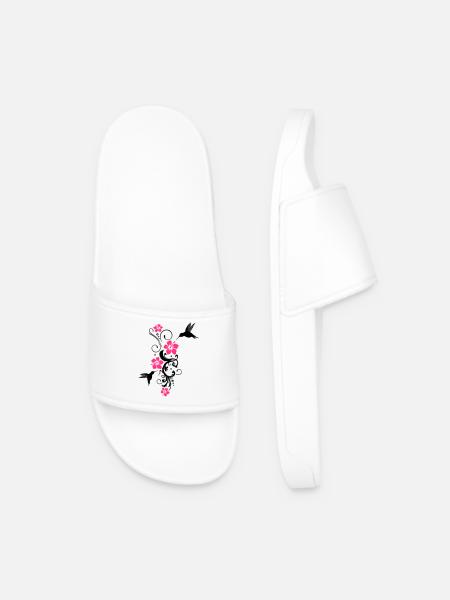 Hummingbird, colibri with hibiscus flowers - Men’s Pool Sliders - white