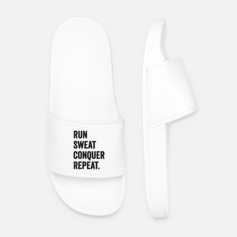 Run. Sweat. Conquer. Repeat. - Men’s Pool Sliders - white