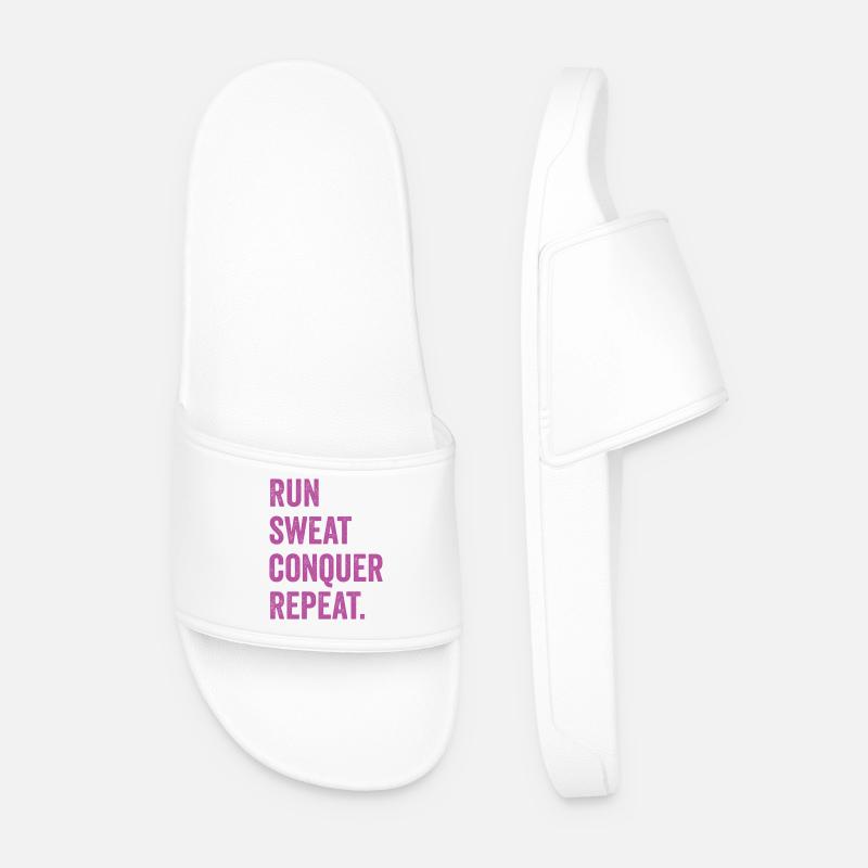 Run. Sweat. Conquer. Repeat. - Men’s Pool Sliders - white