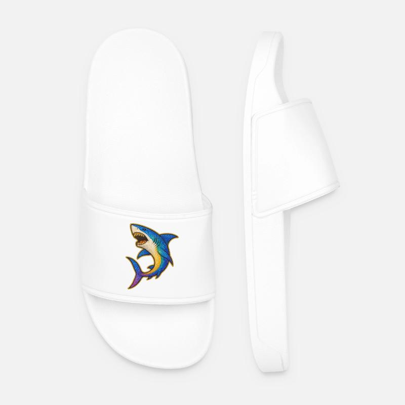 Shark | Rainbow Shark Patch Art - Men’s Pool Sliders - white