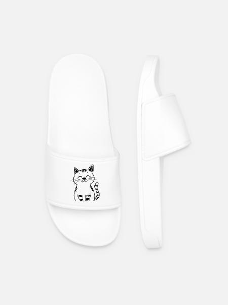 Minimal Smiling Cat Line Art – Happy Kitty - Men’s Pool Sliders - white