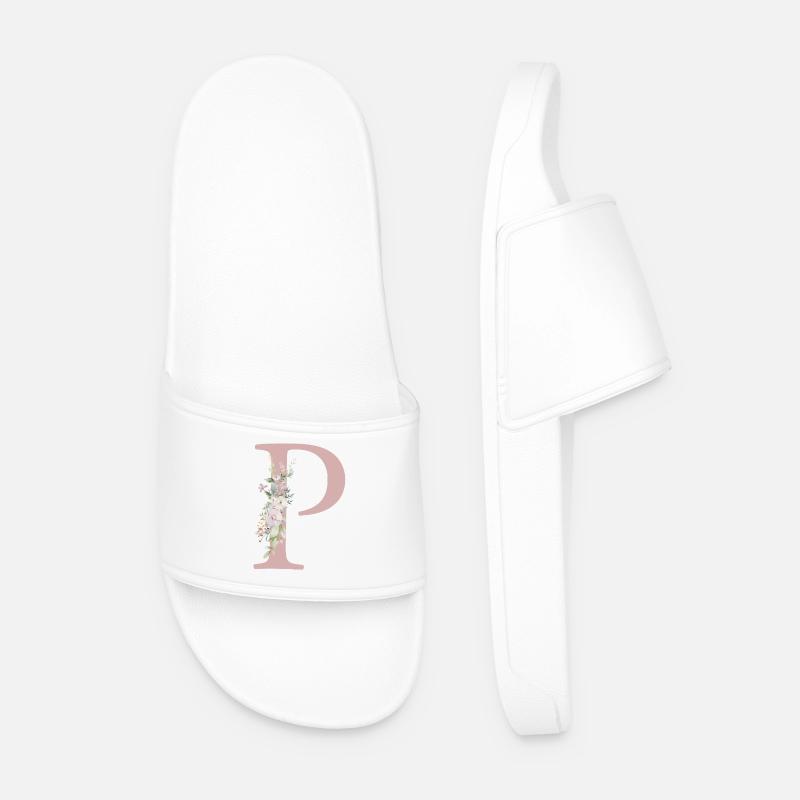 P Monogram, Floral, Customizable - Men’s Pool Sliders - white