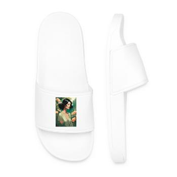 black-haired beautiful woman in flower field gift - Men’s Pool Sliders - white - Front
