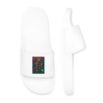 Psychedelic Mushroom Forest – Colorful Retro Artwork - Men’s Pool Sliders - white - Front