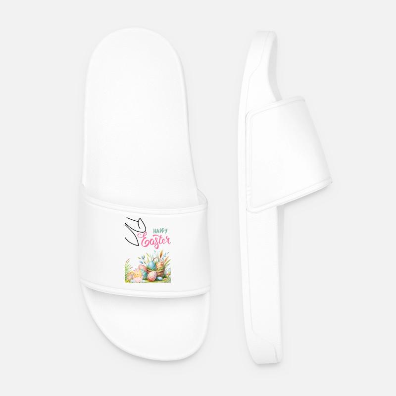 Pastel Easter Basket and Eggs - Men’s Pool Sliders - white
