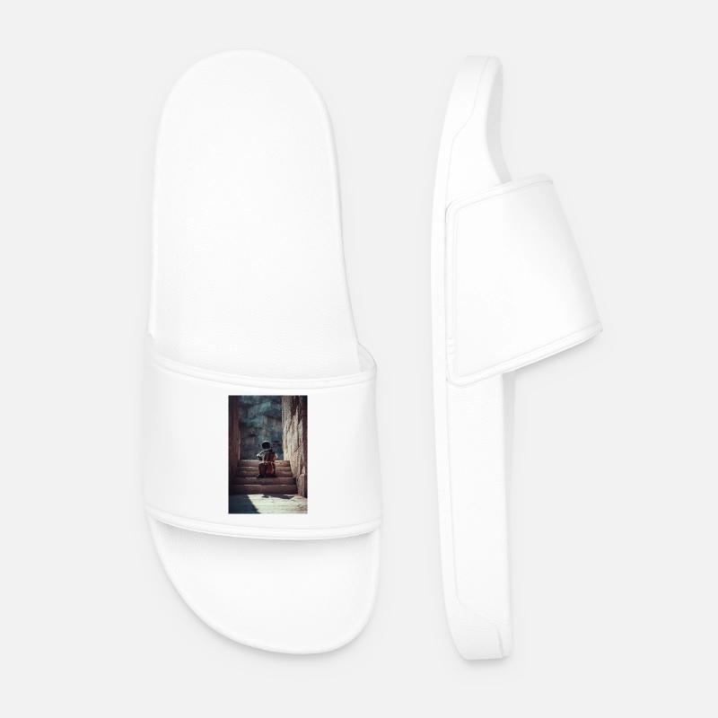 Astronaut Playing Cello on Ancient Stairs - Men’s Pool Sliders - white