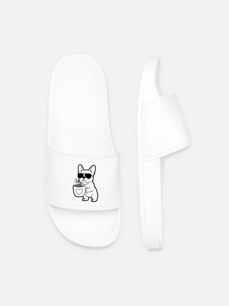 Frenchie Dog Coffee Outline - Men’s Pool Sliders - white
