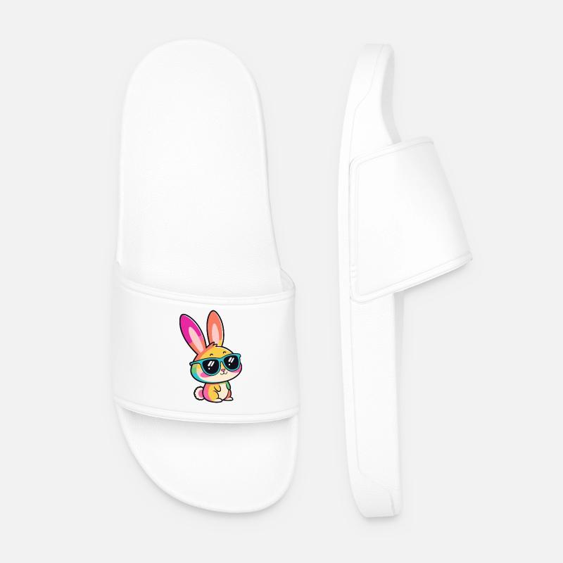 Rainbow Rabbit in Glasses - Men’s Pool Sliders - white
