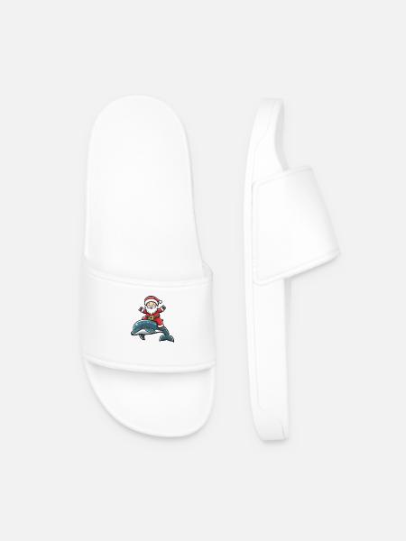 Dolphin Santa Claus Cartoon - Men’s Pool Sliders - white