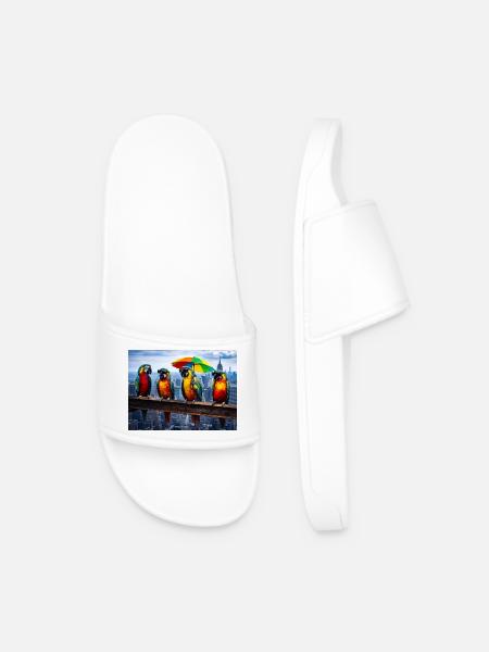 Parrot Parade with Rainbow Umbrella - Men’s Pool Sliders - white