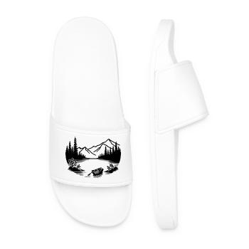 Minimalist mountain lake with rowing boat - Men’s Pool Sliders - white - Front