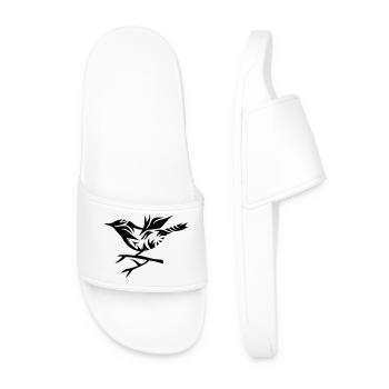 An ornamental bird sitting on the branch - Men’s Pool Sliders - white - Front
