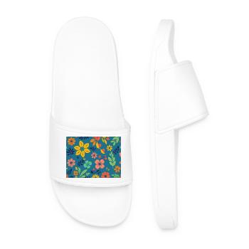 Retro style floral pattern on dark blue - Men’s Pool Sliders - white - Front
