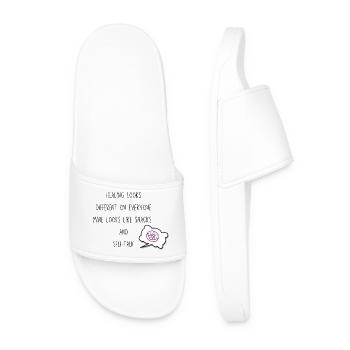 Healing Looks Different Snack and Self Talk Quote - Men’s Pool Sliders - white - Front