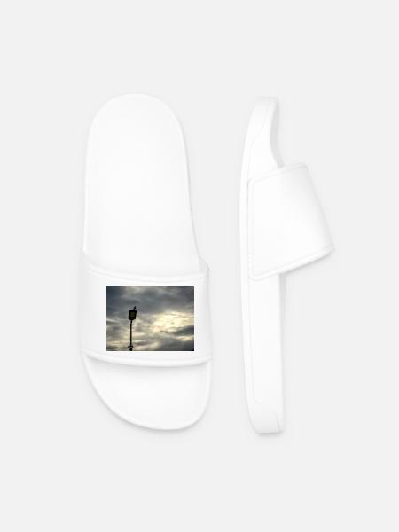 Bird on a lamppost under clouds - Men’s Pool Sliders - white