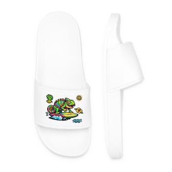 Colorful chameleon surfing art - Men’s Pool Sliders - white - Front