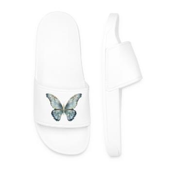 Butterfly in delicate shades of blue painted by hand - Men’s Pool Sliders - white - Front