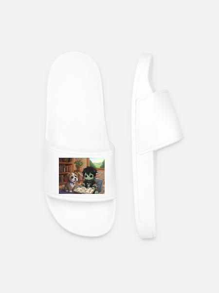 Cute fantasy book friend with dog - Men’s Pool Sliders - white