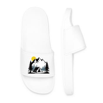 Alpine Campfire Tent Illustration - Men’s Pool Sliders - white - Front