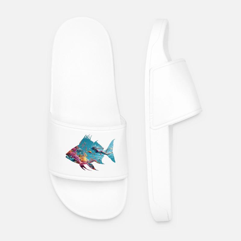 Underwater Fish Silhouette with Diver - Men’s Pool Sliders - white