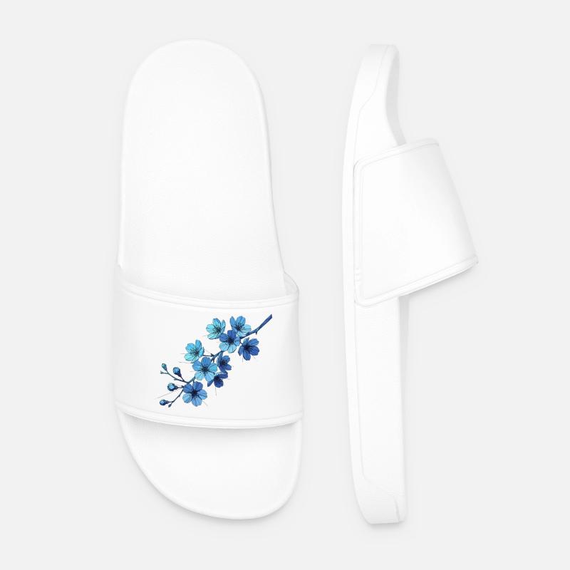Geometric Blue Flower Branches - Men’s Pool Sliders - white