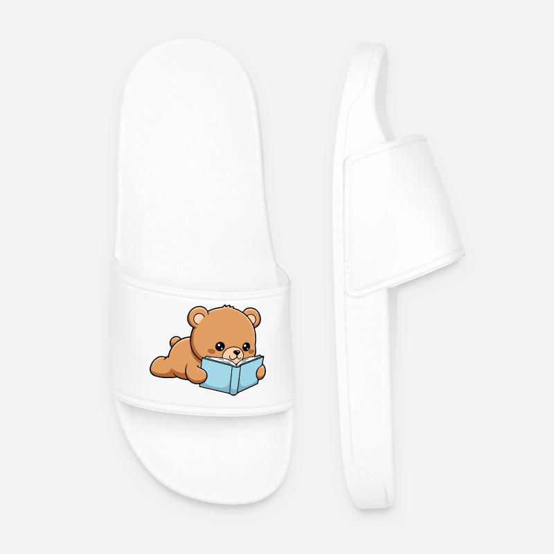 Book Bear Funny Bear reading Book - Men’s Pool Sliders - white