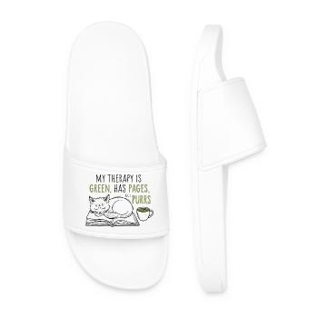 Cozy Book Lover Cat & Matcha T-Shirt Gift - Men’s Pool Sliders - white - Front