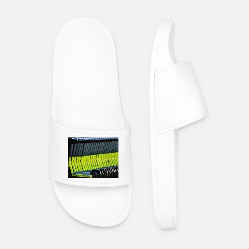 neon green e-scooters parked in row - Men’s Pool Sliders - white