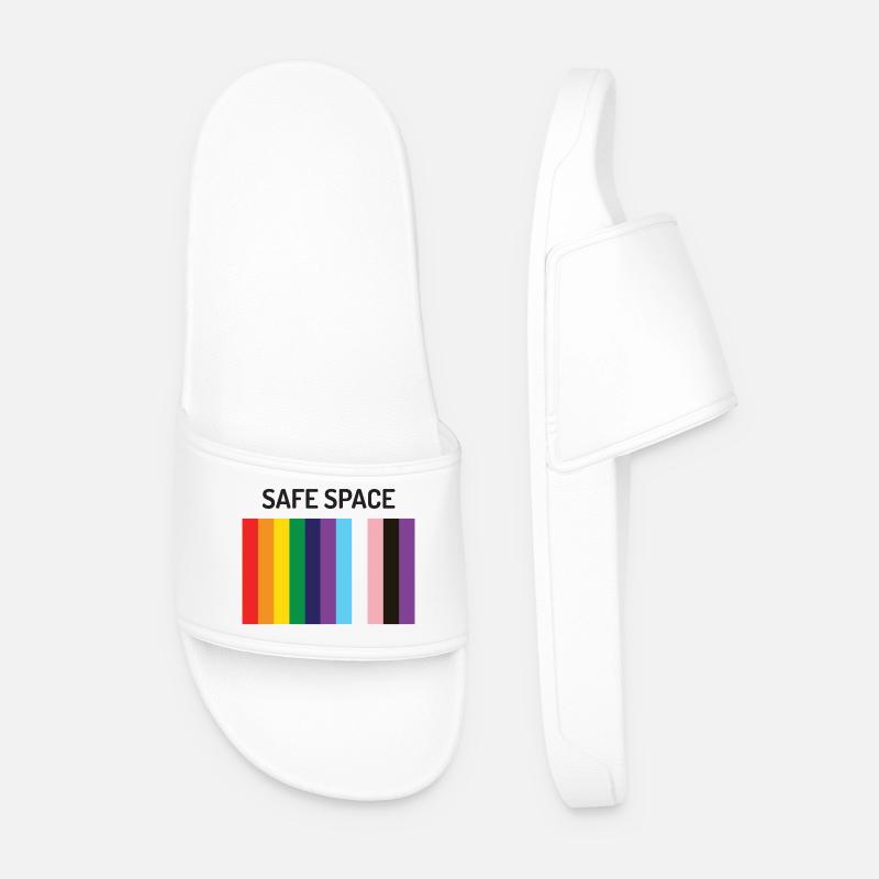 LBGTQIA+ Safe Space Pride Month Sticker - Men’s Pool Sliders - white