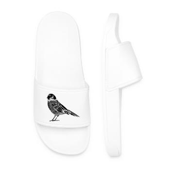 Black and white drawing of a bird - Men’s Pool Sliders - white - Front