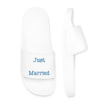 JUST MARRIED. Bachelorette party. VALENTINE'S DAY. COUPLE - Men’s Pool Sliders - white - Front