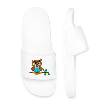 Tree Branch Owl with Blue Book - Men’s Pool Sliders - white - Front