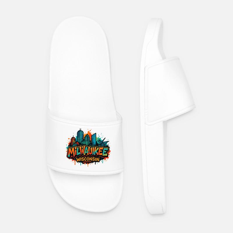 Milwaukee Skyline Splash Wisconsin - Men’s Pool Sliders - white