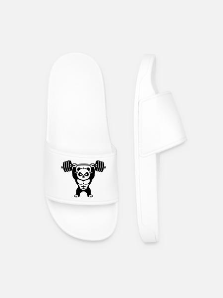 Strong panda lifts heavy dumbbell - Men’s Pool Sliders - white