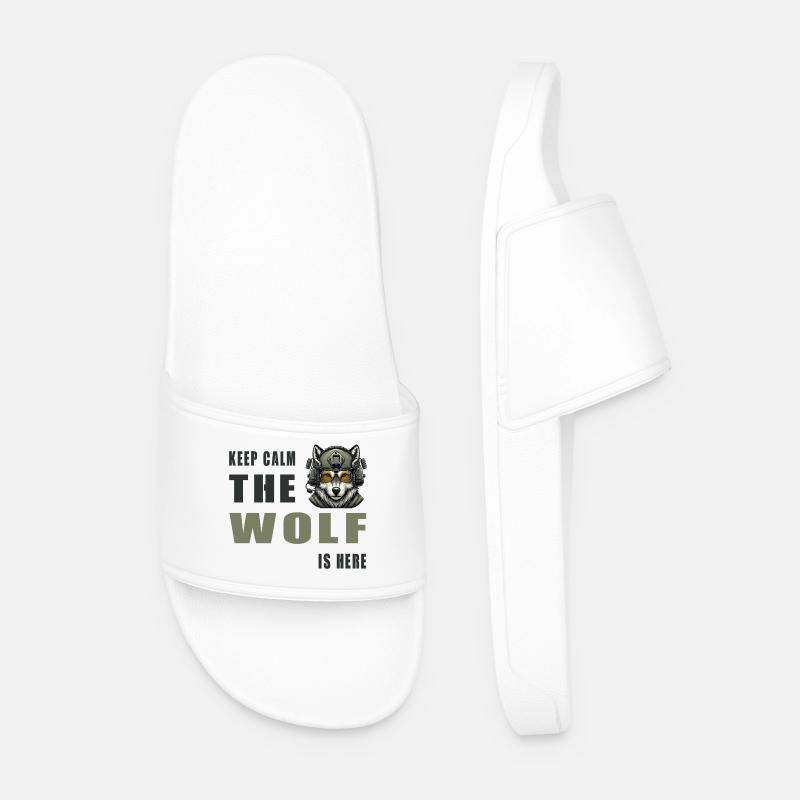 Keep Calm Wolf Is Here - Men’s Pool Sliders - white