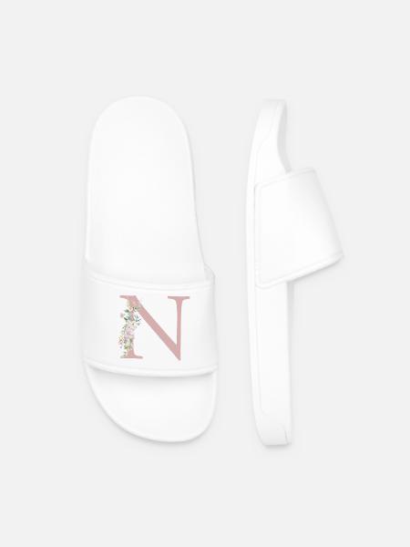 N Monogram, Floral, Personalizable - Men’s Pool Sliders - white