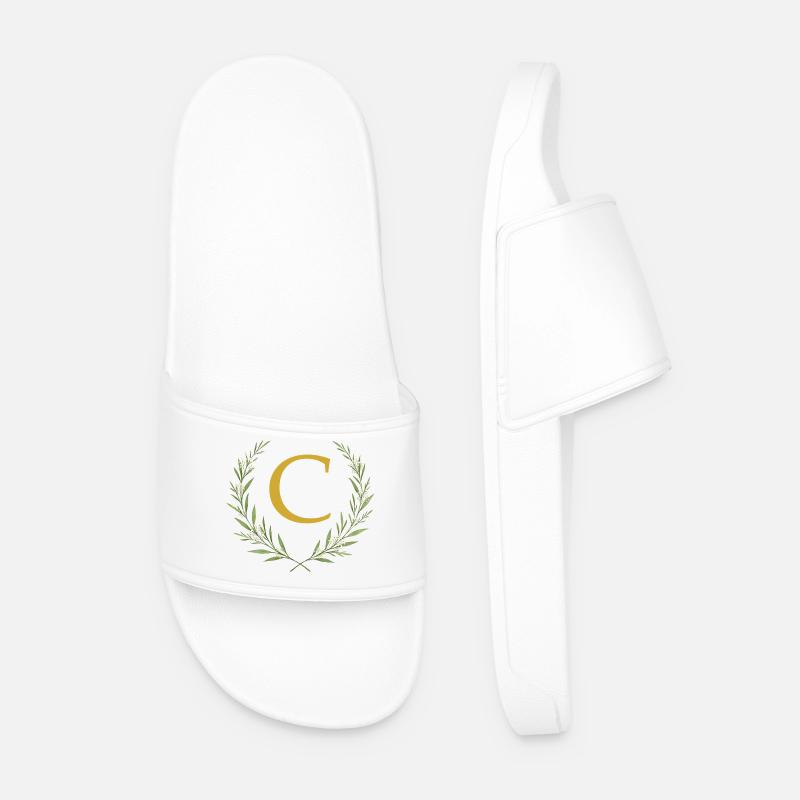 C Monogram, Eucalyptus Wreath, Personalizable - Men’s Pool Sliders - white