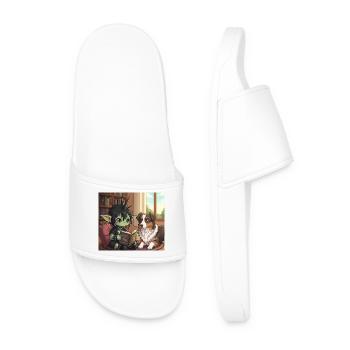 Anime with dog in the book room - Men’s Pool Sliders - white - Front