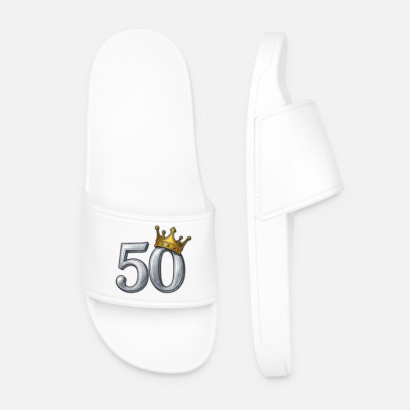 50th Birthday Gold Crown Gift Idea - Men’s Pool Sliders - white