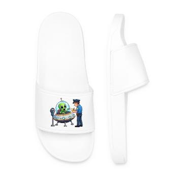 Extraterrestrial in UFO bureaucracy scene - Men’s Pool Sliders - white - Front