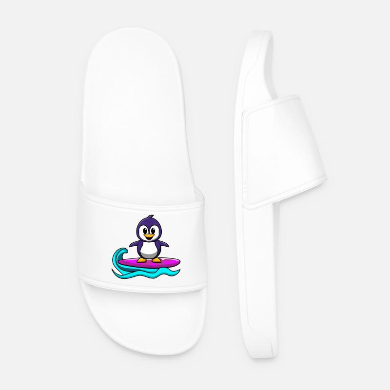 Cute kawaii penguin on surfboard - Men’s Pool Sliders - white