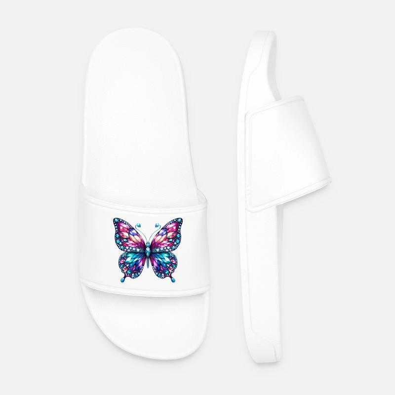 Butterfly, Diamond, Diamonds, Crystals, Crystal - Men’s Pool Sliders - white