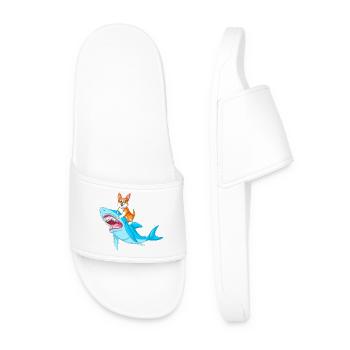 Corgi Riding Shark Funny Animal Shirt - Men’s Pool Sliders - white - Front