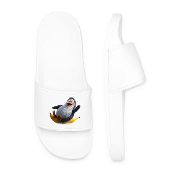 Penguin on Banana Surfing Funny Absurd Humor - Men’s Pool Sliders - white - Front