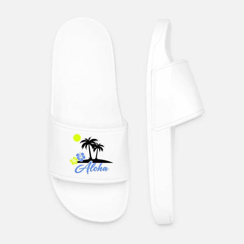Aloha Hibiscus Neon Script - Men’s Pool Sliders - white