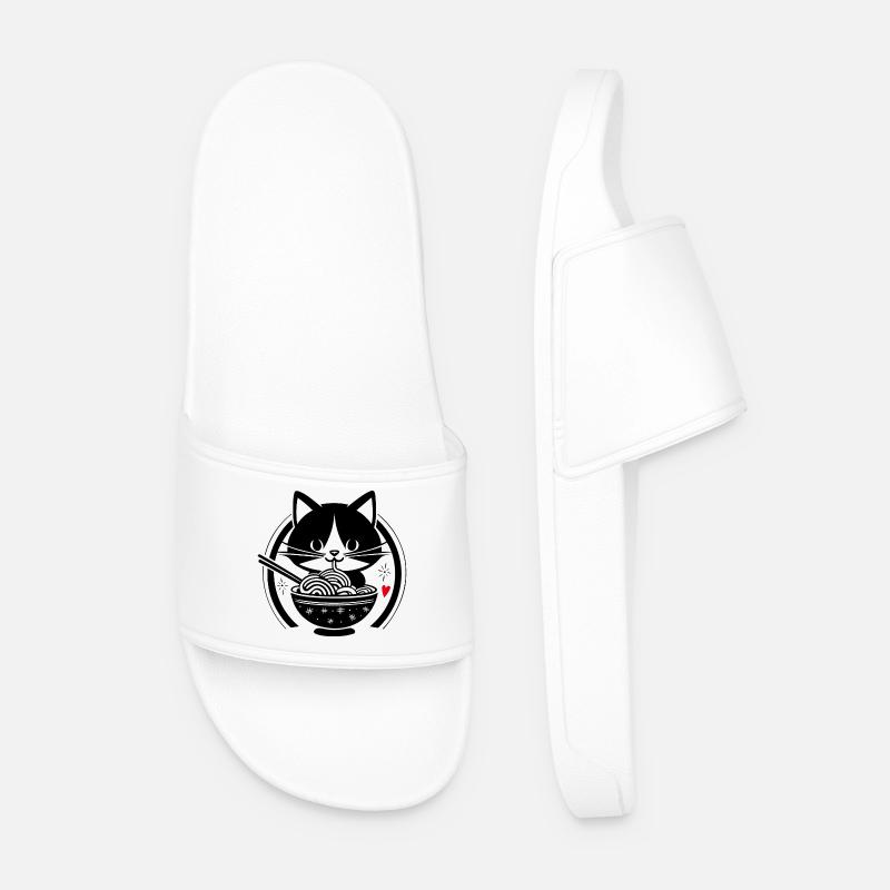 Kawaii Cat Eats Ramen – Cute Japanese Design - Men’s Pool Sliders - white